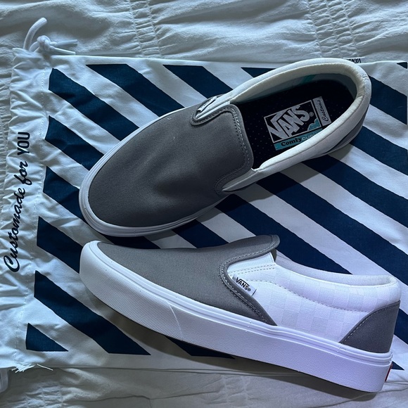 Vans Custom ComfyCush Slip-ons; gray and white/true white checkerboard. - Picture 1 of 4